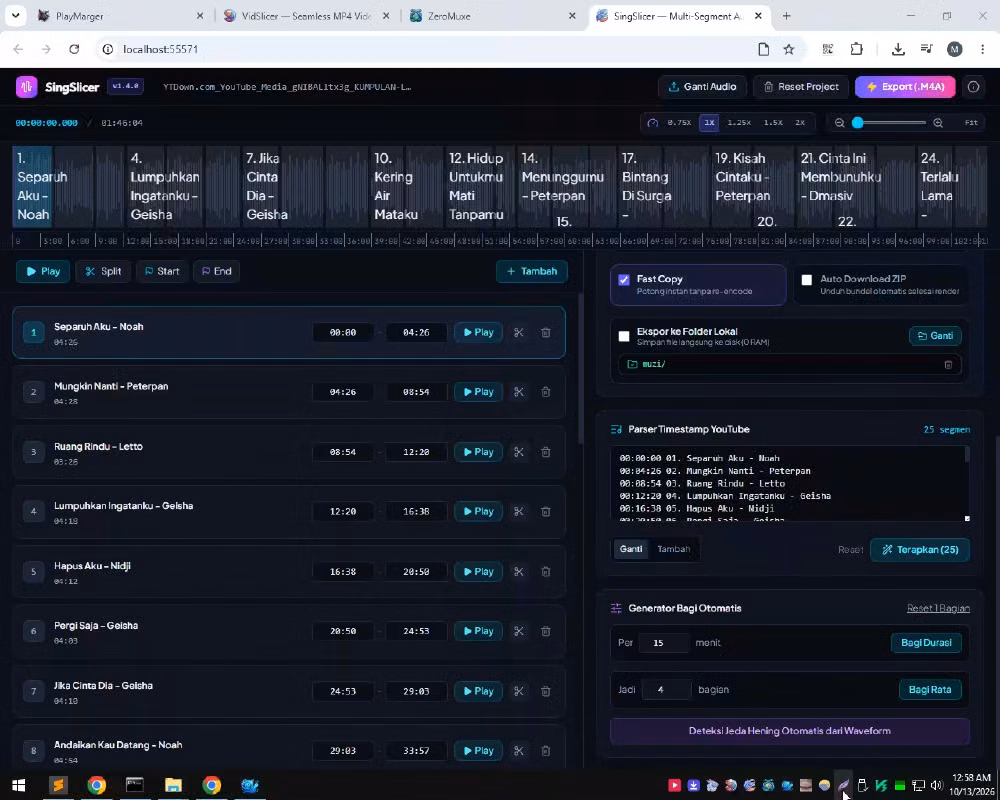 Aplikasi SingSlicer, Memotong Audio durasi panjang menjadi beberapa bagian